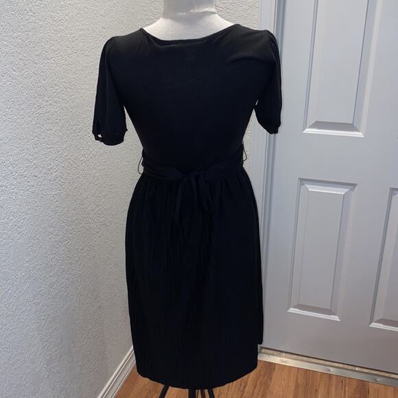 LOFT Black Midi Dress Pleated Skirt w/ Belt Sz 2 Polyester Stretch V-neck - Picture 6 of 13